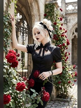 Victorian-Inspired Black Tie-Neck Lace Trim Blouse